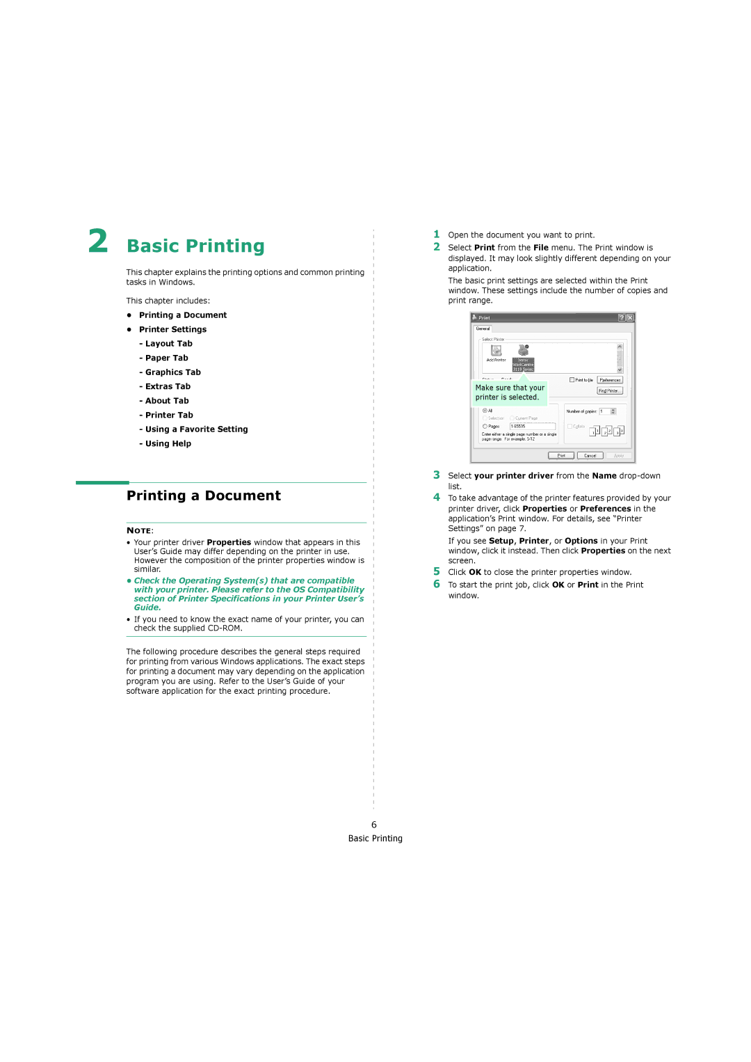 Xerox 3119 manual Printing a Document, Select your printer driver from the Name drop-down list 