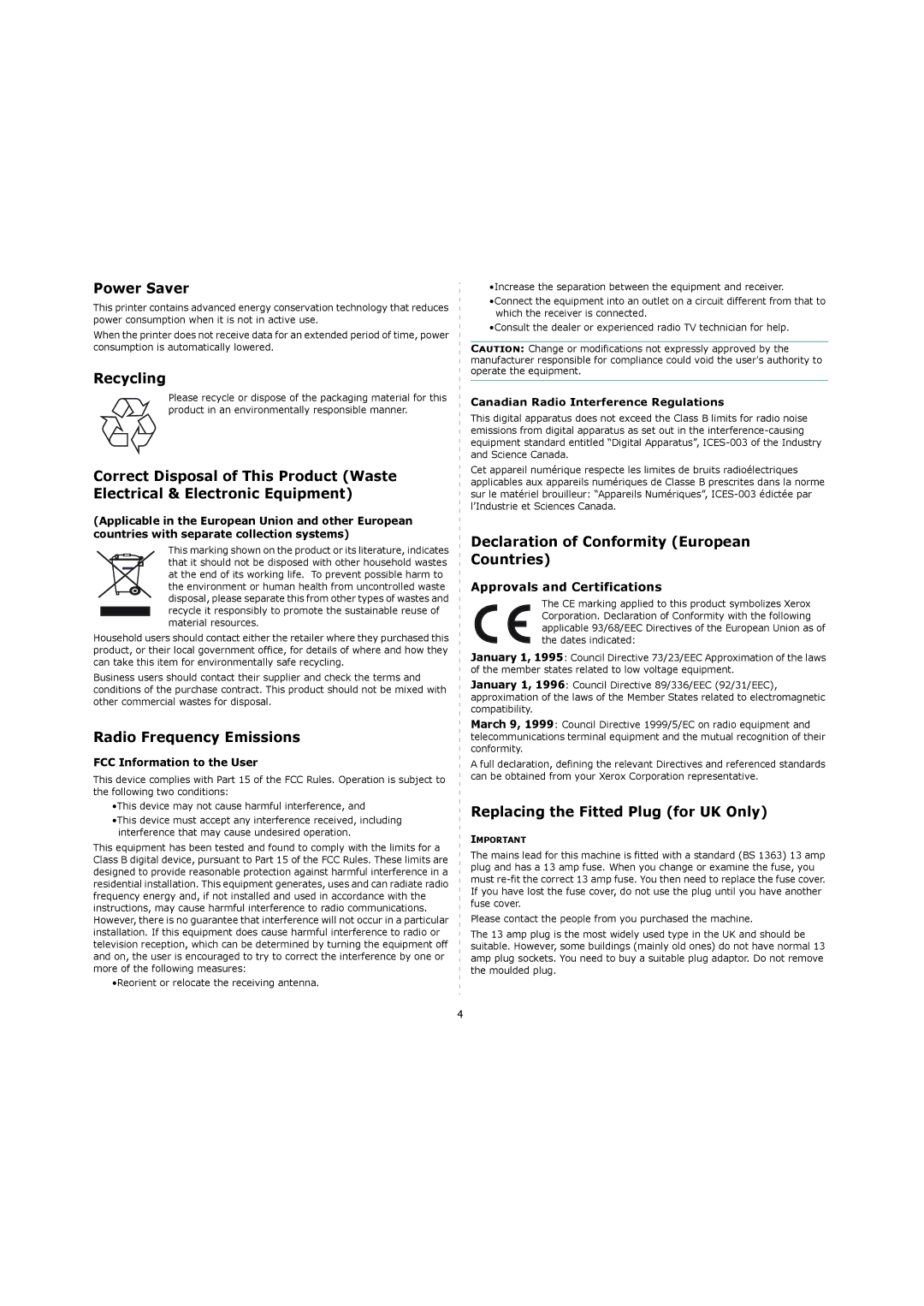 Xerox 3119 manual Power Saver, Recycling, Radio Frequency Emissions, Declaration of Conformity European Countries 