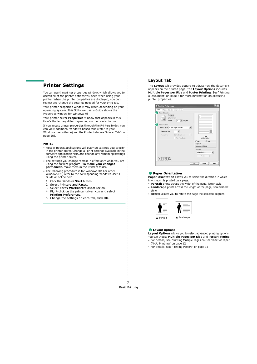 Xerox 3119 manual Printer Settings, Layout Tab, Paper Orientation, Layout Options 