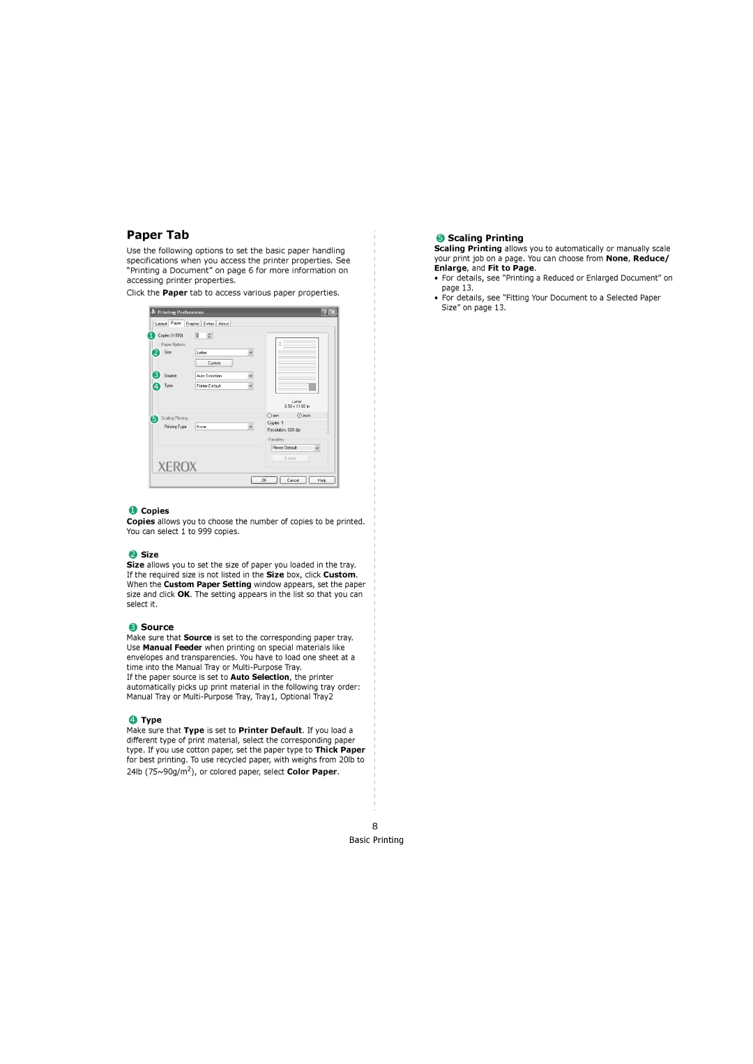 Xerox 3119 manual Paper Tab, Source, Scaling Printing 