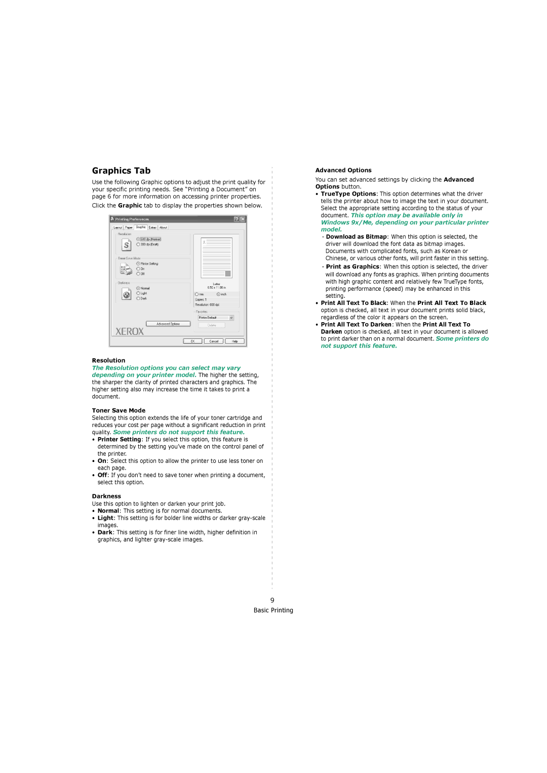 Xerox 3119 manual Graphics Tab, Resolution, Toner Save Mode, Darkness, Advanced Options 