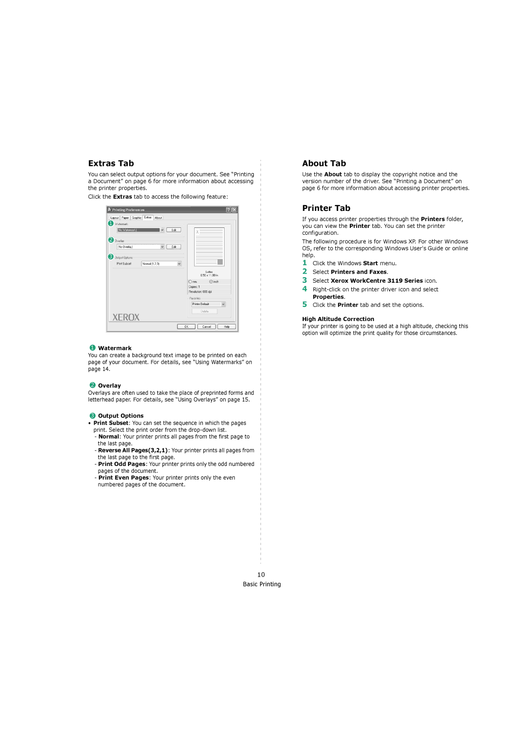 Xerox 3119 manual Extras Tab, About Tab, Printer Tab 