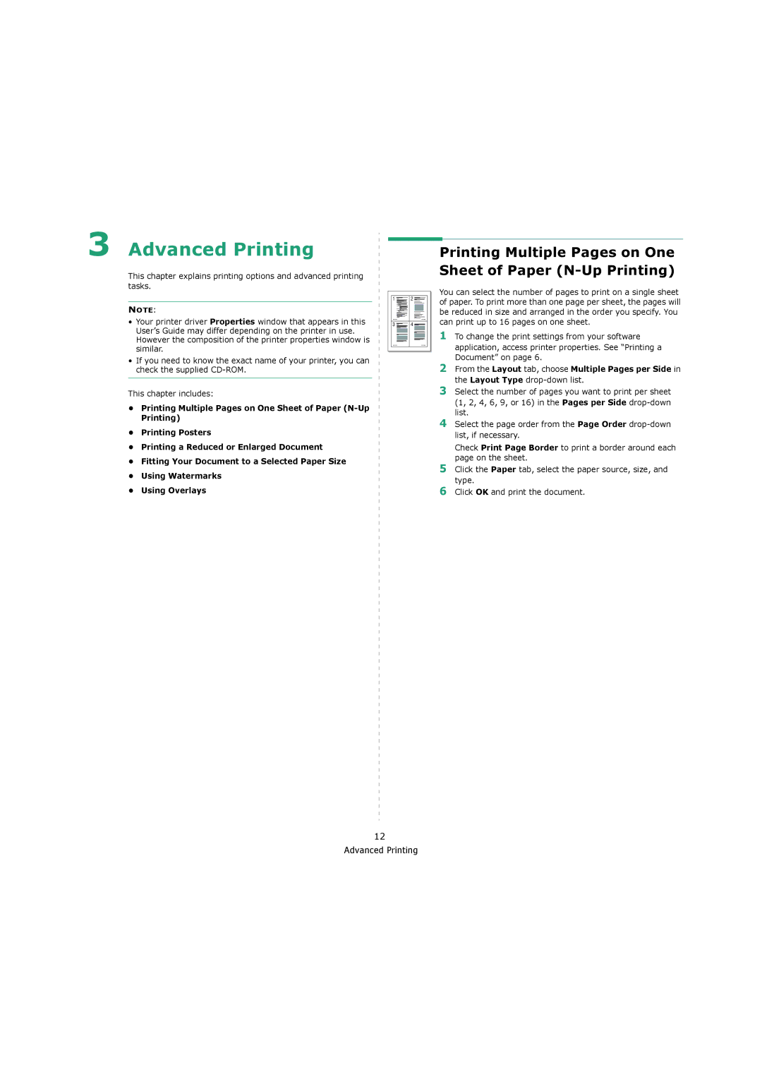 Xerox 3119 manual Advanced Printing, Printing Multiple Pages on One Sheet of Paper N-Up Printing 