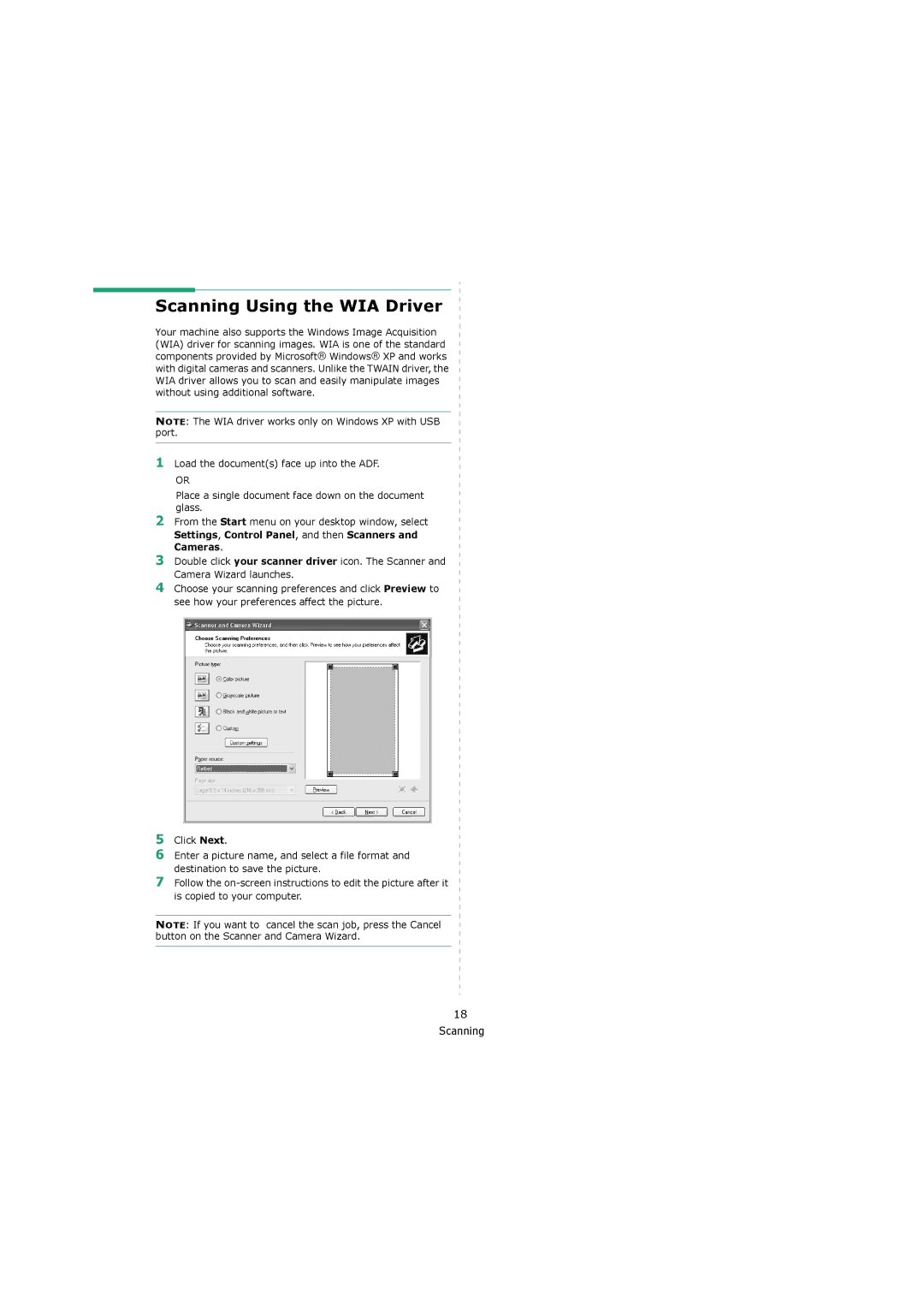 Xerox 3119 manual Scanning Using the WIA Driver, Settings, Control Panel, and then Scanners and Cameras 