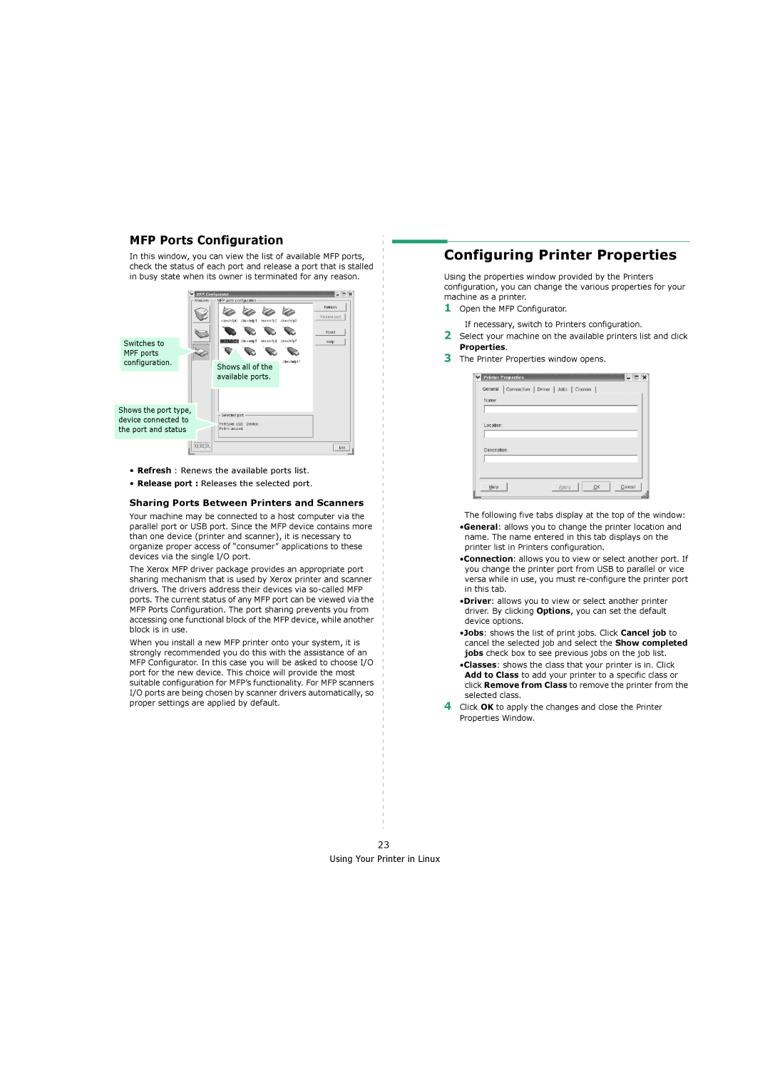 Xerox 3119 manual Configuring Printer Properties, MFP Ports Configuration, Sharing Ports Between Printers and Scanners 