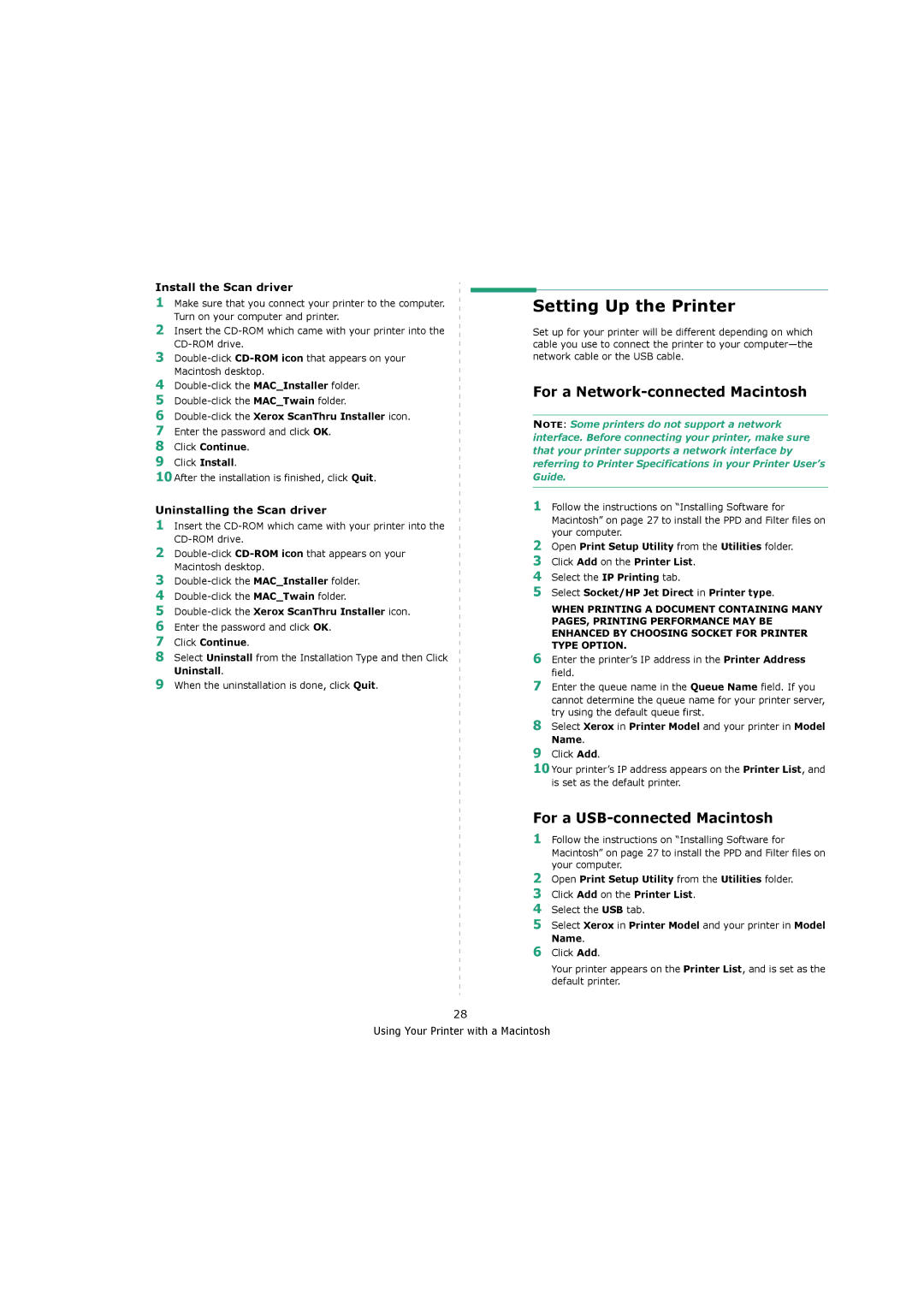 Xerox 3119 manual Setting Up the Printer, For a Network-connected Macintosh, For a USB-connected Macintosh 