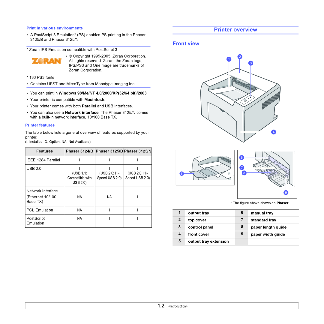 Xerox 3124 manual Printer overview, Front view, Print in various environments, Printer features 