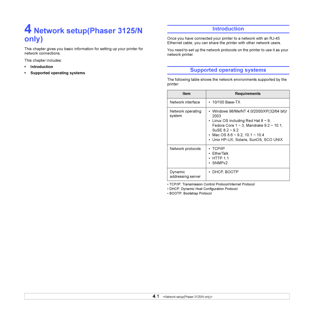 Xerox 3124 manual Network setupPhaser 3125/N only, Introduction, Supported operating systems 