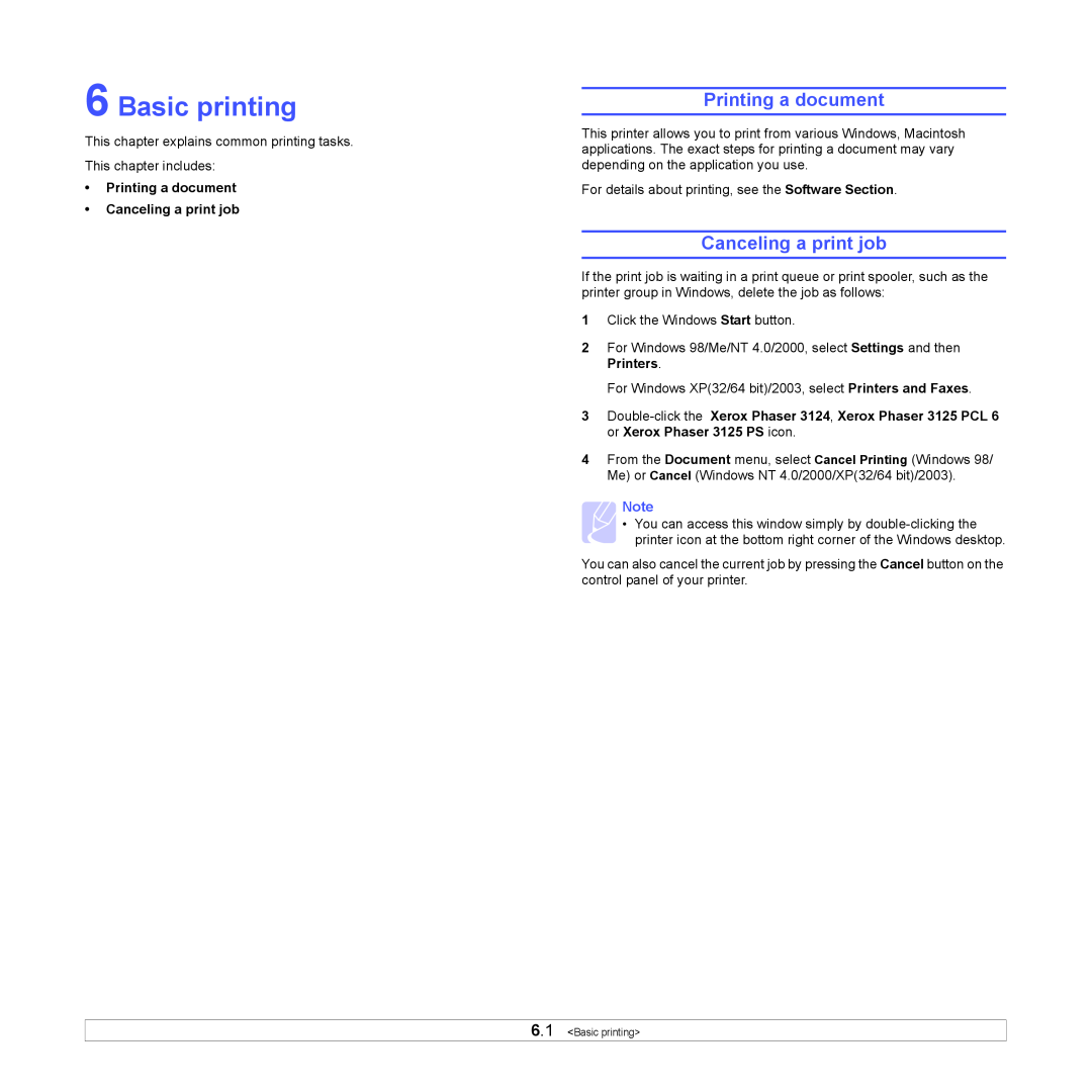 Xerox 3124 manual Basic printing, Printing a document, Canceling a print job 