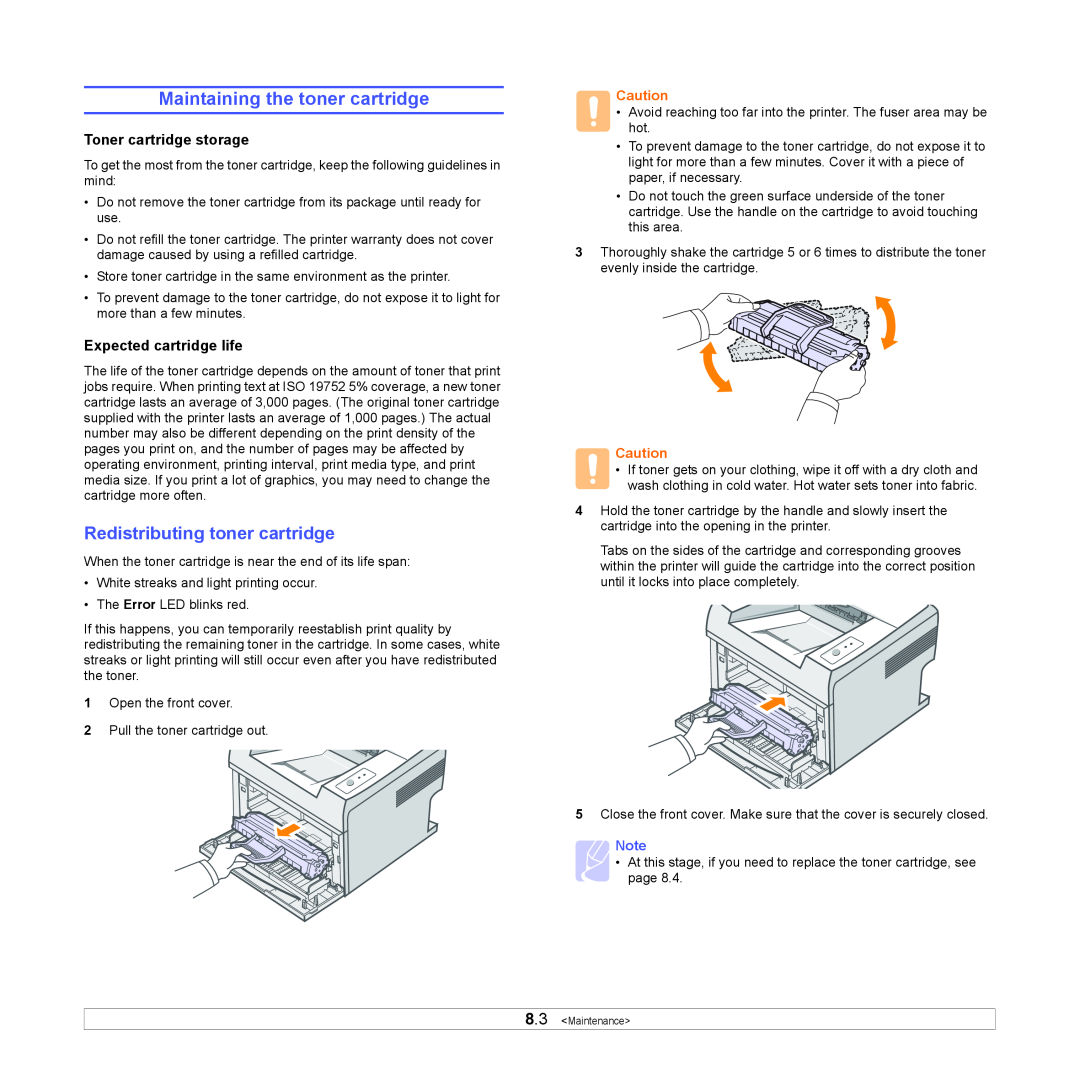 Xerox 3124 manual Maintaining the toner cartridge, Redistributing toner cartridge, Toner cartridge storage 