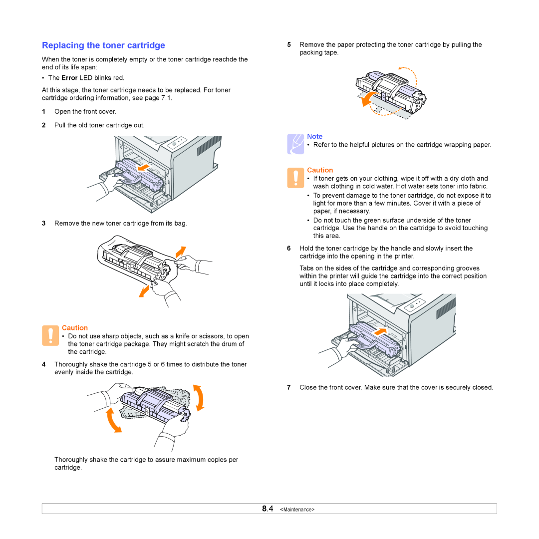 Xerox 3124 manual Replacing the toner cartridge, Maintenance 