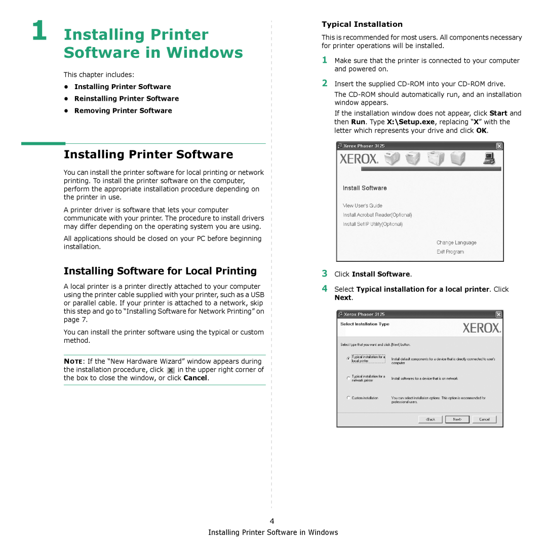 Xerox 3124 manual Installing Printer Software in Windows, Installing Software for Local Printing, Typical Installation 