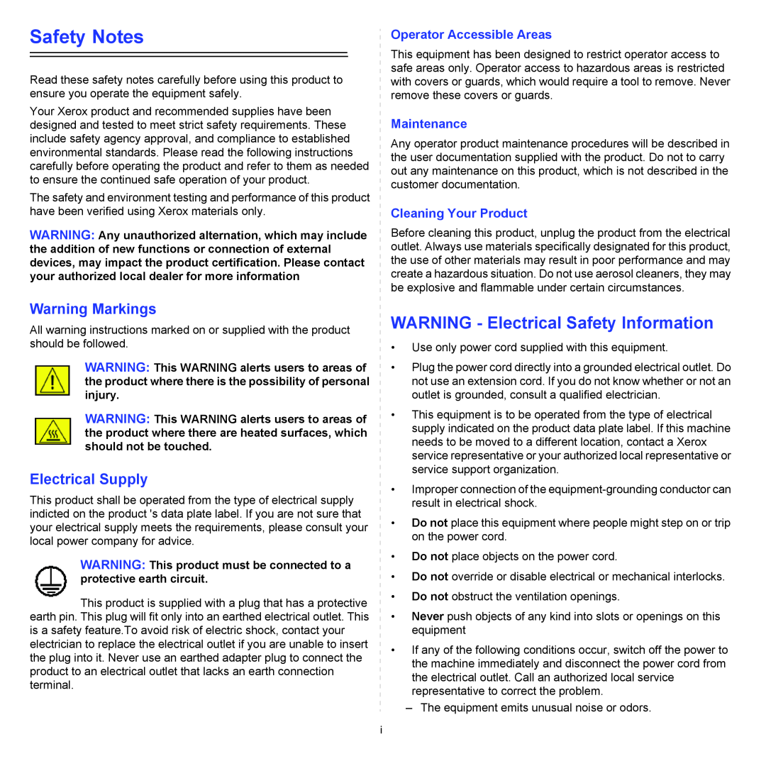 Xerox 3124 manual Safety Notes, WARNING - Electrical Safety Information, Warning Markings, Electrical Supply, Maintenance 