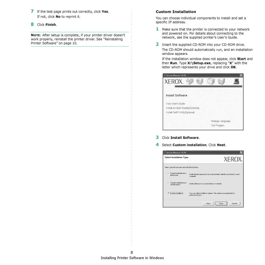 Xerox 3124 manual Custom Installation, Installing Printer Software in Windows 