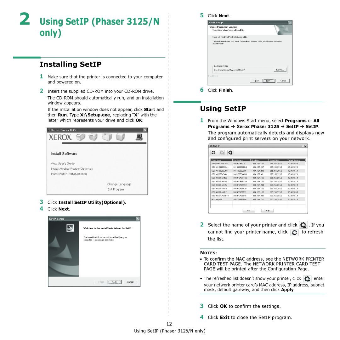 Xerox 3124 manual Using SetIP Phaser 3125/N only, Installing SetIP, Select the name of your printer and click, the list 