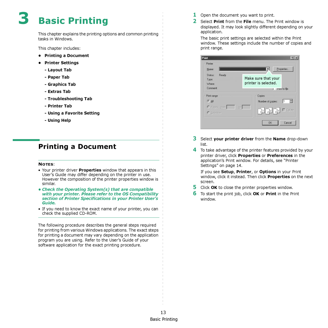 Xerox 3124 manual Basic Printing, Printing a Document Printer Settings Layout Tab Paper Tab 