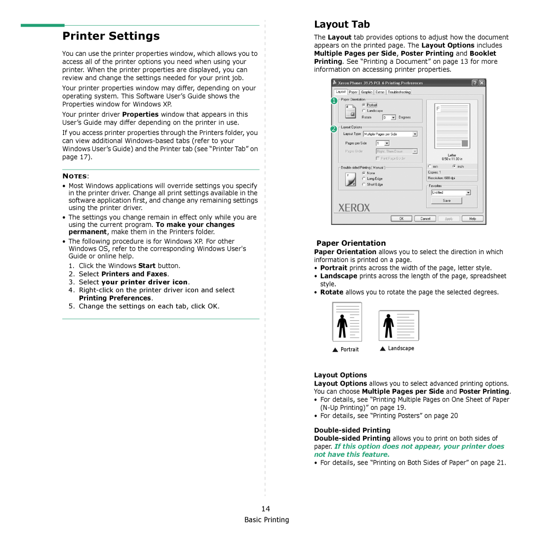 Xerox 3124 manual Printer Settings, Layout Tab, Paper Orientation, Basic Printing, Layout Options, Double-sided Printing 