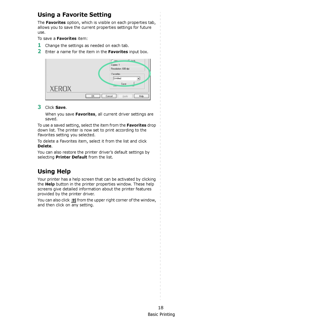 Xerox 3124 manual Using a Favorite Setting, Using Help, Basic Printing 