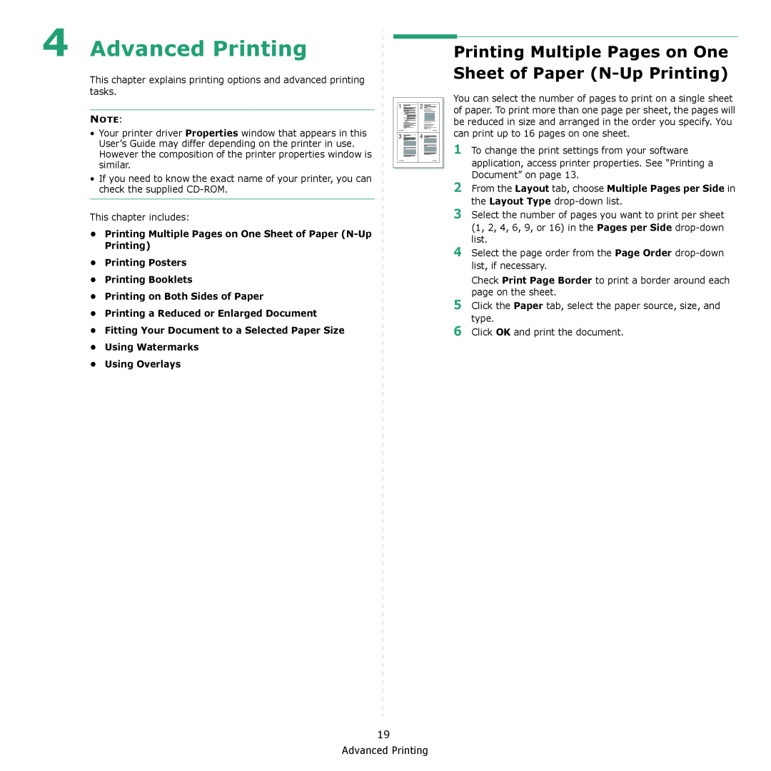 Xerox 3124 manual Advanced Printing, Printing Multiple Pages on One Sheet of Paper N-Up Printing, Using Overlays 