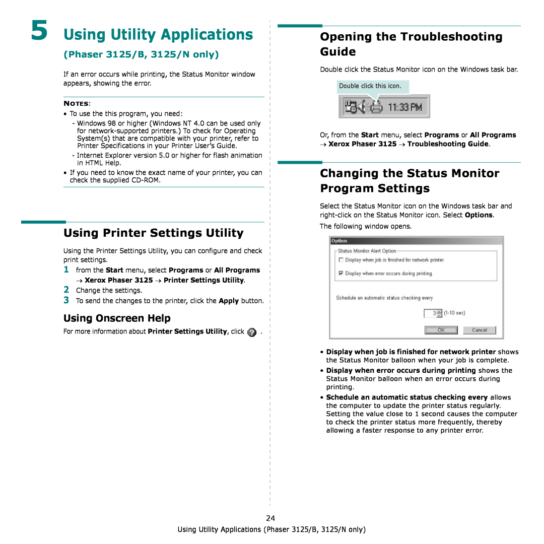Xerox 3124 manual Using Utility Applications, Using Printer Settings Utility, Opening the Troubleshooting Guide 