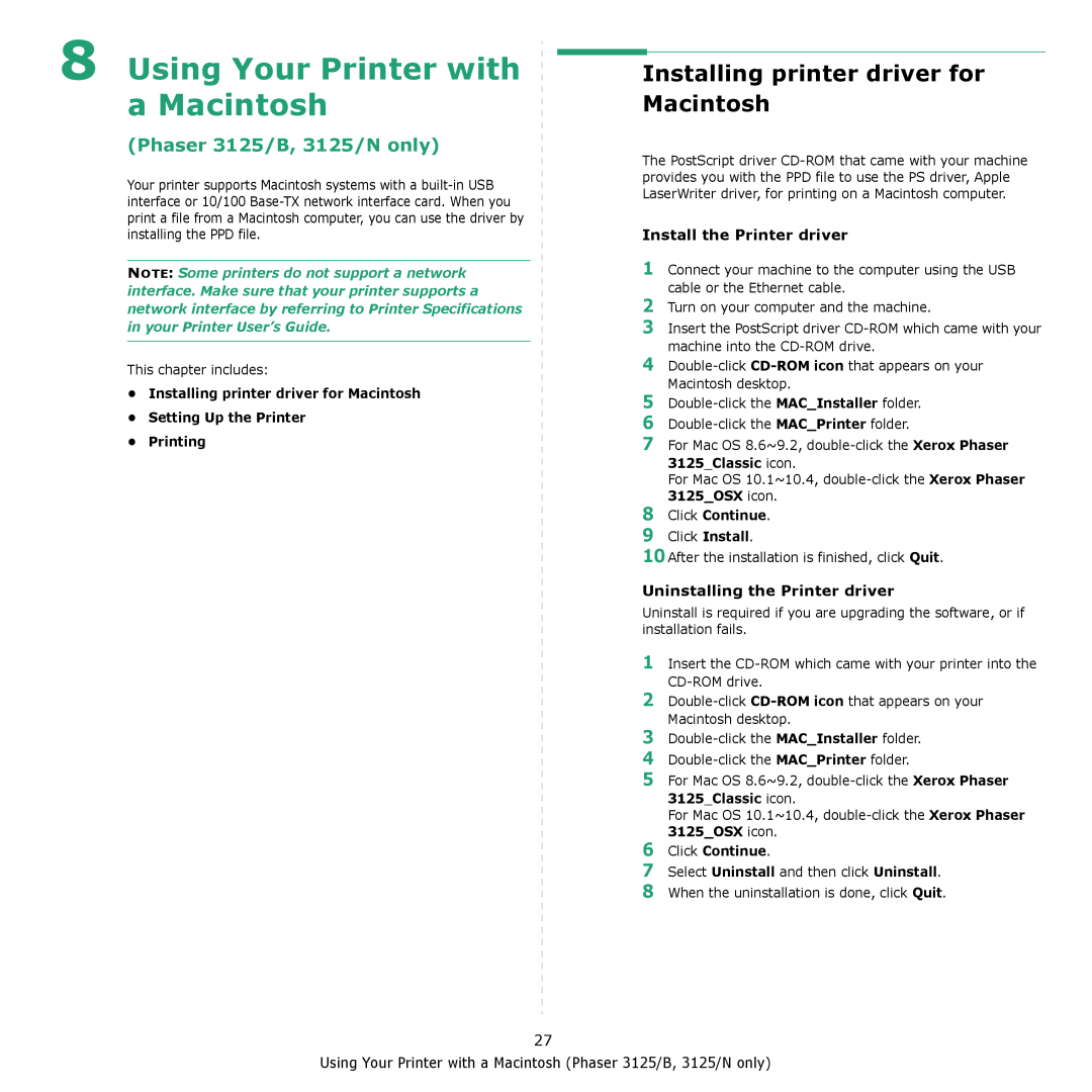 Xerox 3124 manual Using Your Printer with a Macintosh, Installing printer driver for Macintosh, Phaser 3125/B, 3125/N only 