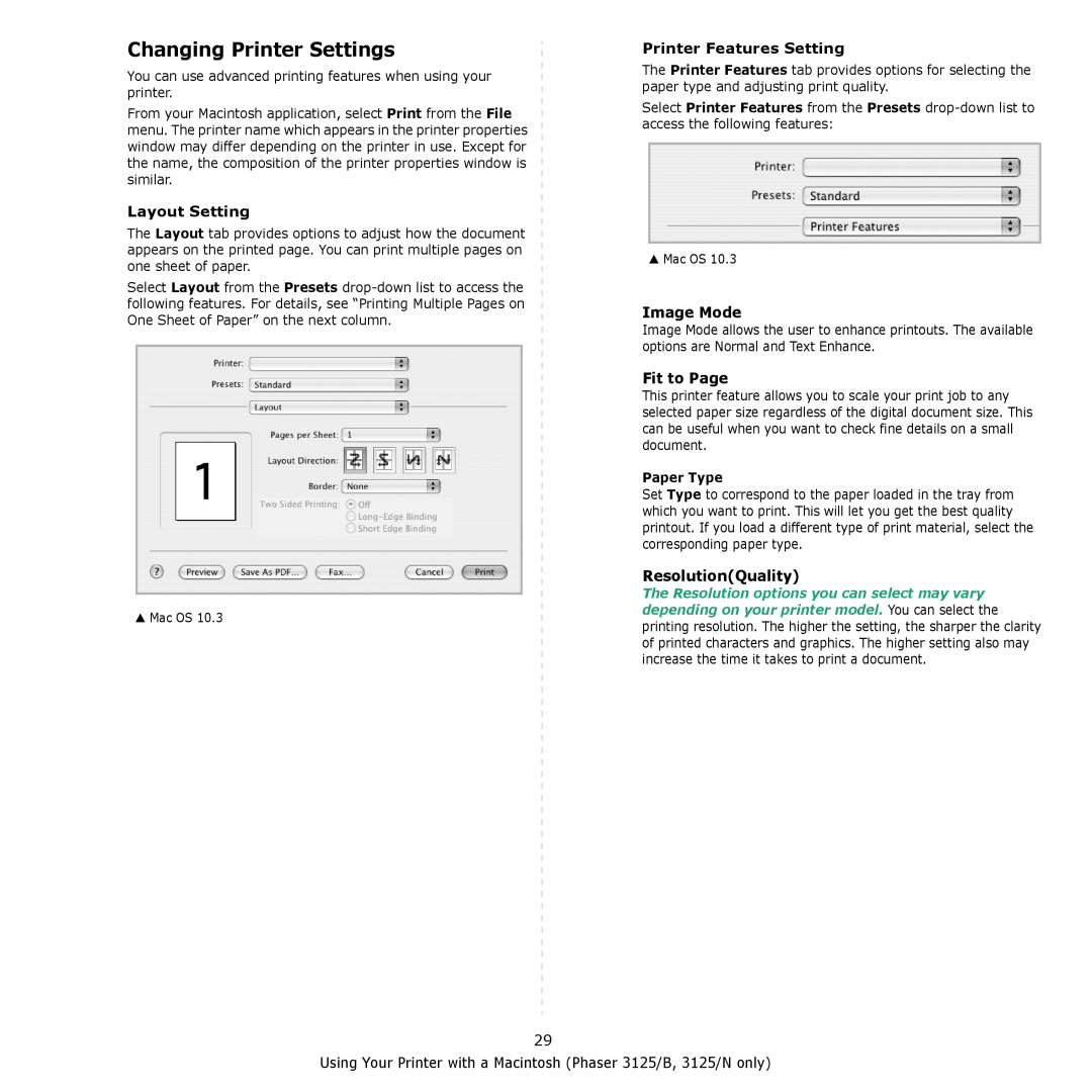 Xerox 3124 Changing Printer Settings, Layout Setting, Printer Features Setting, Image Mode, Fit to Page, ResolutionQuality 