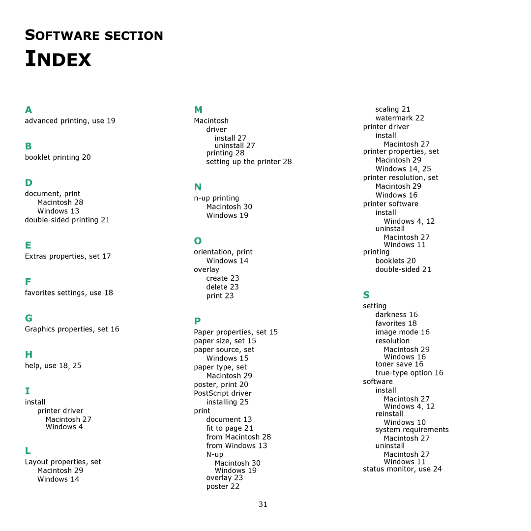 Xerox 3124 manual Index, Software Section 
