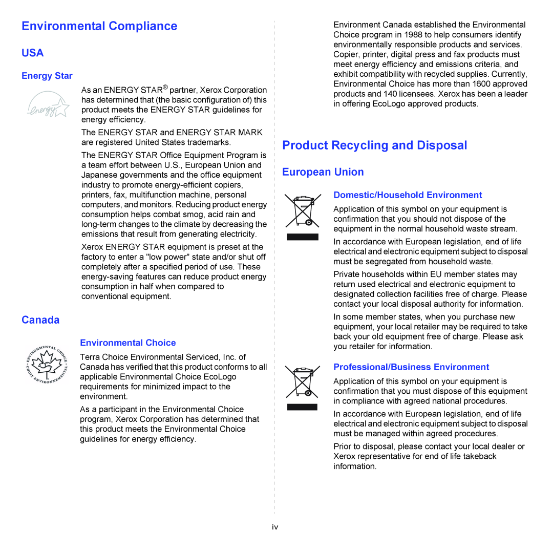 Xerox 3124 manual Environmental Compliance, Product Recycling and Disposal, Canada, European Union, Energy Star 