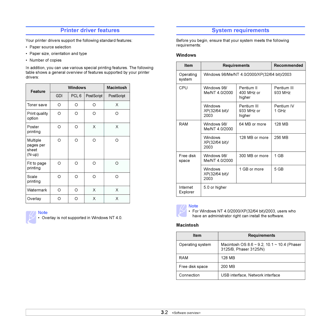 Xerox 3124 manual Printer driver features, System requirements, Windows, Macintosh 