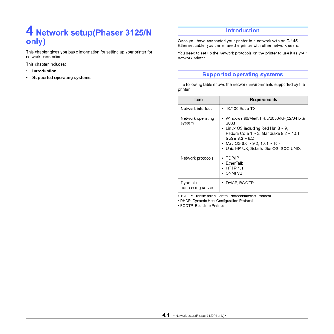 Xerox 3124 manual Network setupPhaser 3125/N only, Introduction Supported operating systems 