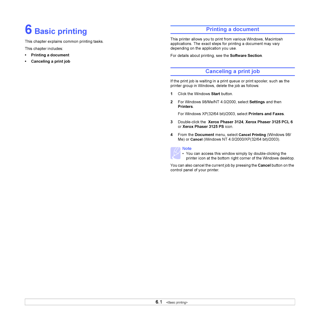 Xerox 3124 manual Basic printing, Printing a document Canceling a print job 