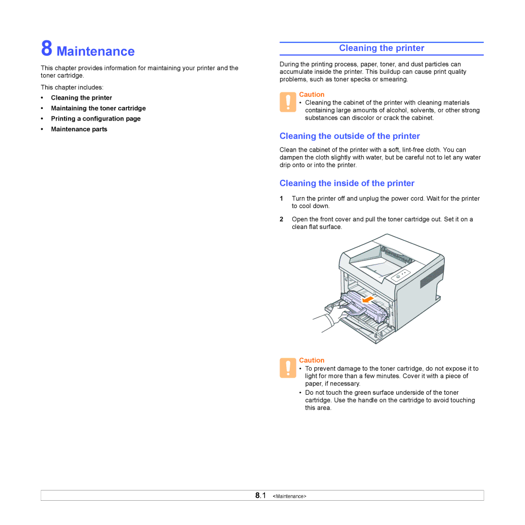 Xerox 3124 Maintenance, Cleaning the printer, Cleaning the outside of the printer, Cleaning the inside of the printer 