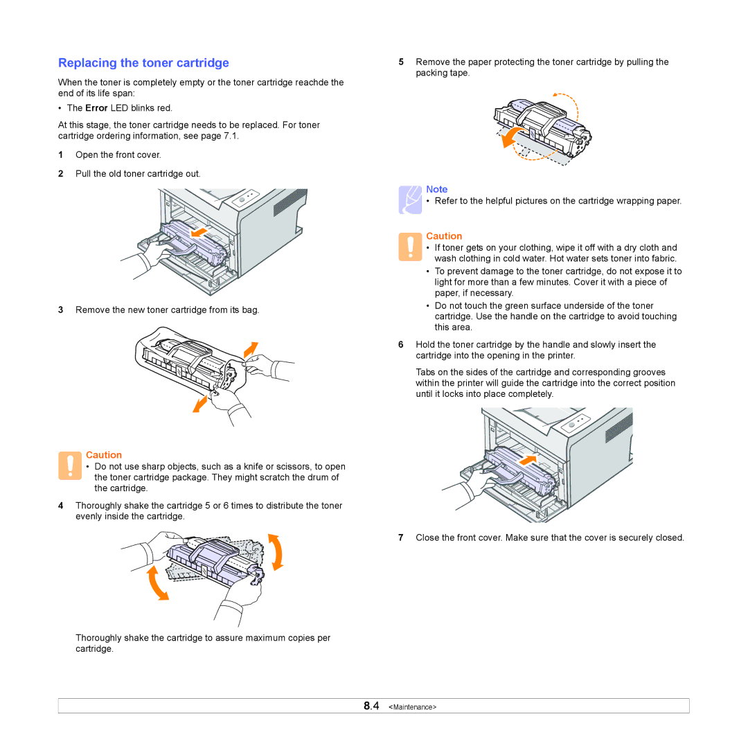 Xerox 3124 manual Replacing the toner cartridge 