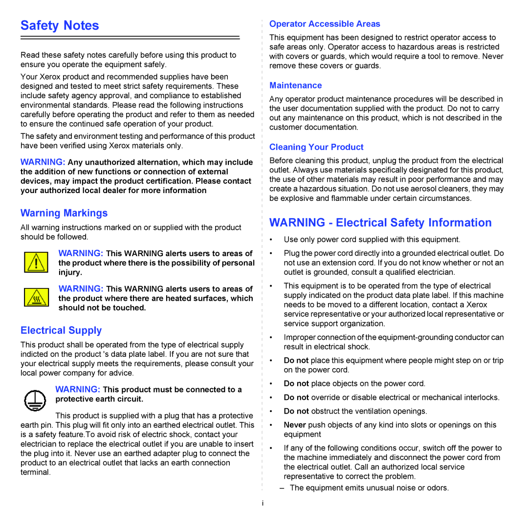 Xerox 3124 manual Safety Notes 