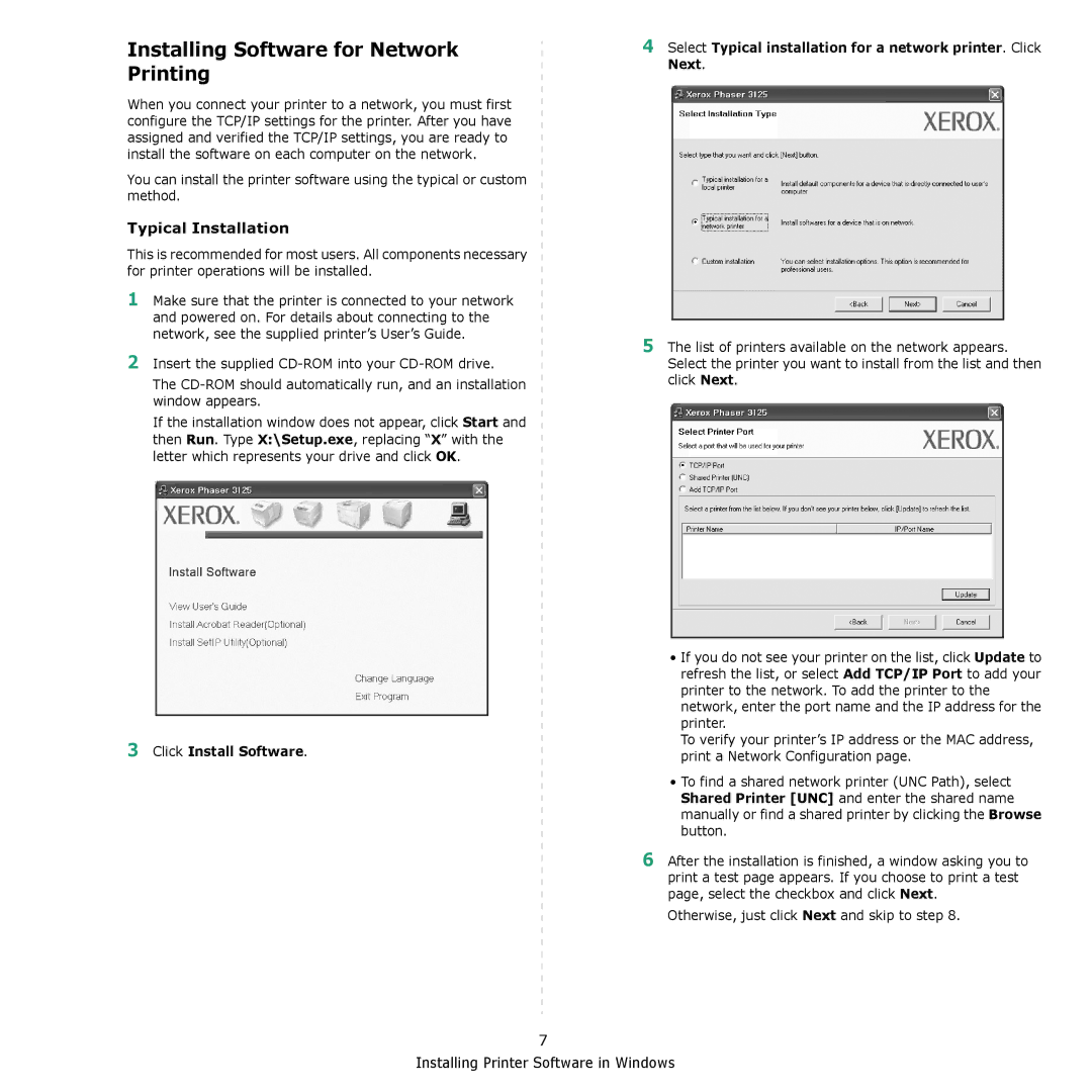 Xerox 3124 manual Installing Software for Network Printing, Click Install Software 