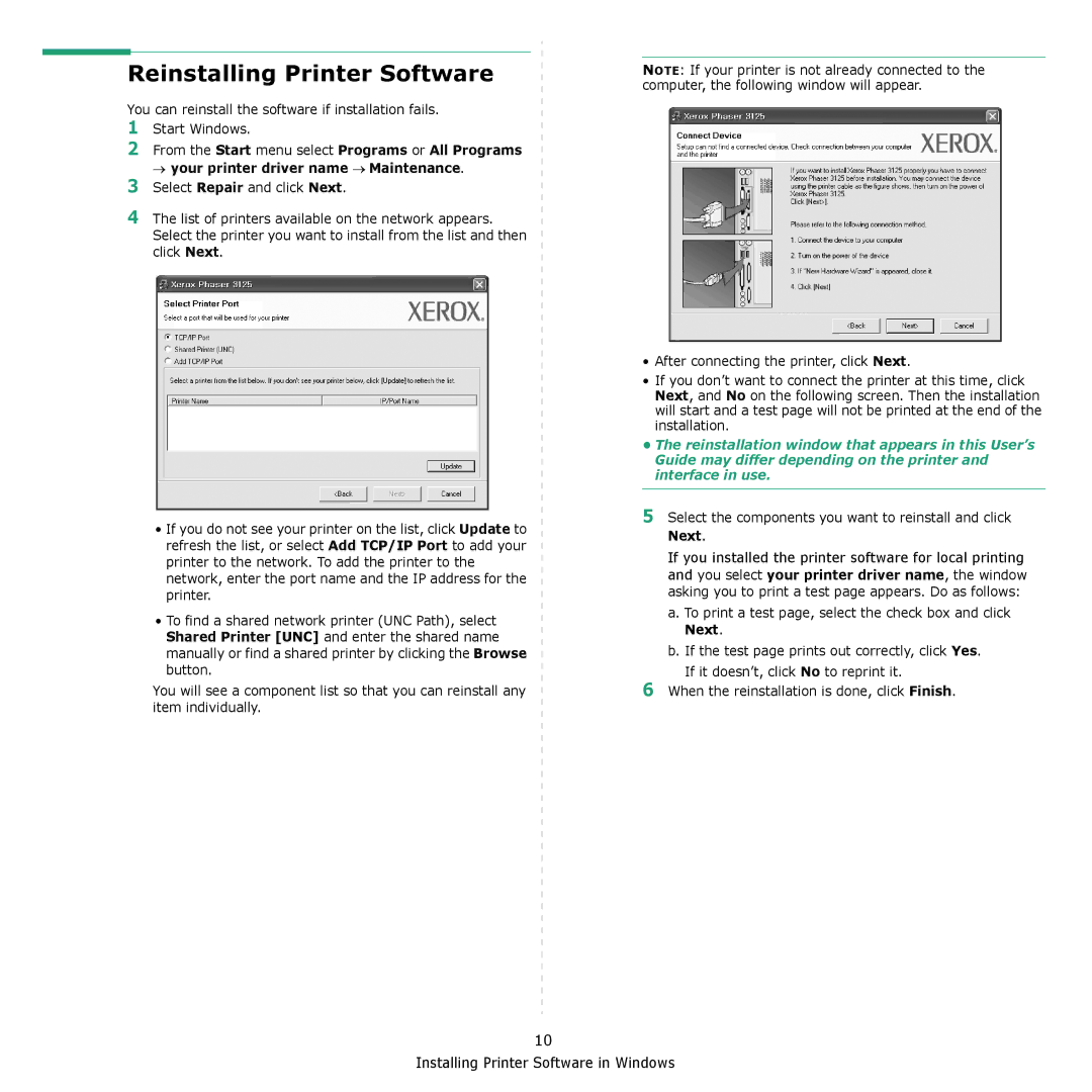 Xerox 3124 manual Reinstalling Printer Software, Select the components you want to reinstall and click Next 