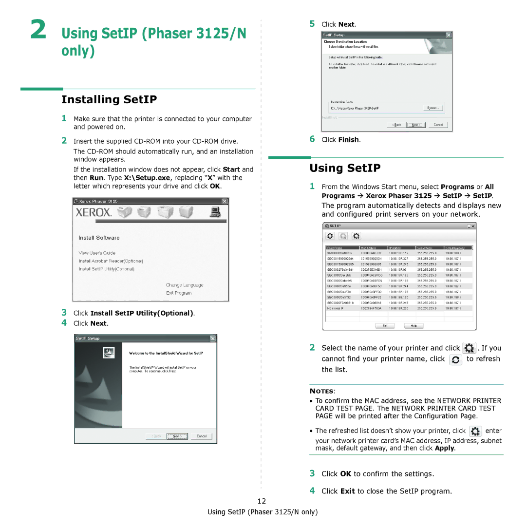 Xerox 3124 manual Using SetIP Phaser 3125/N only, Installing SetIP, Click Install SetIP UtilityOptional 