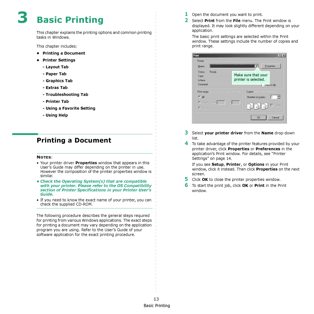 Xerox 3124 manual Basic Printing, Printing a Document, Select your printer driver from the Name drop-down list 