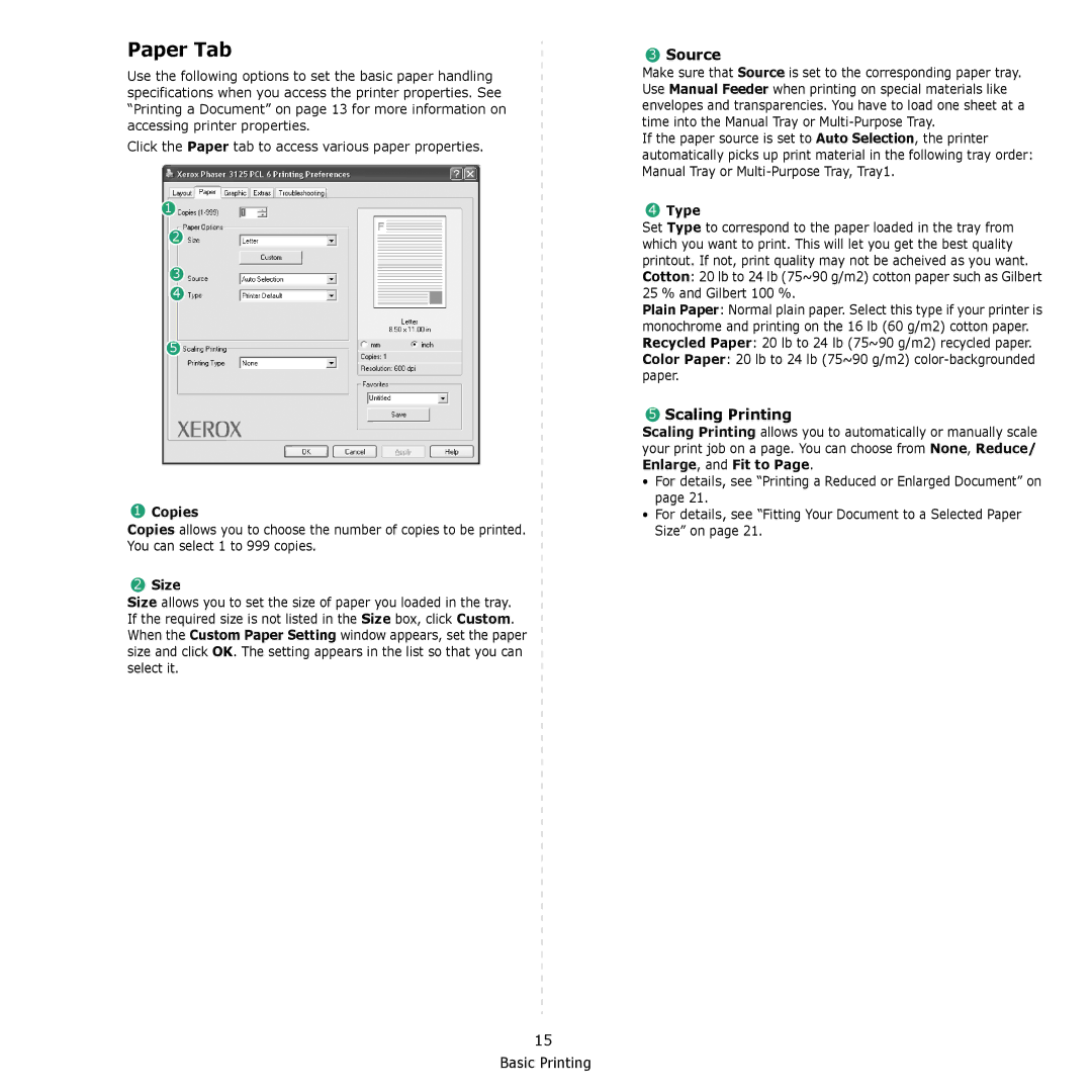 Xerox 3124 manual Paper Tab, Source, Scaling Printing 