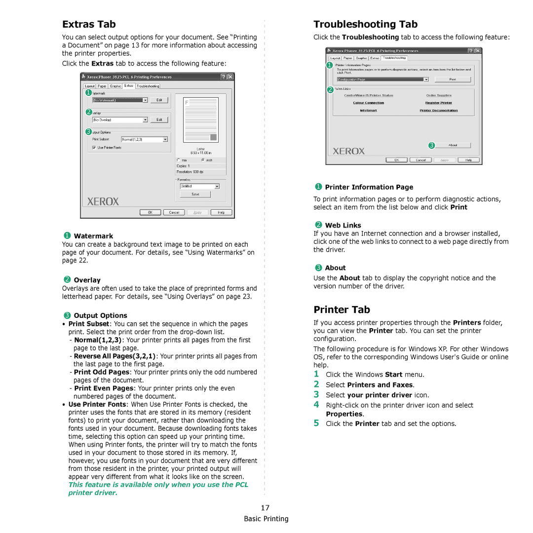 Xerox 3124 manual Extras Tab, Troubleshooting Tab, Printer Tab 