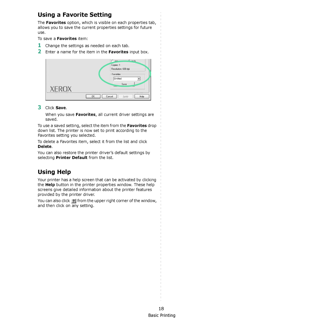 Xerox 3124 manual Using a Favorite Setting, Using Help 