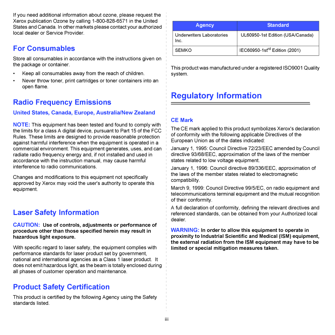 Xerox 3124 manual Regulatory Information 