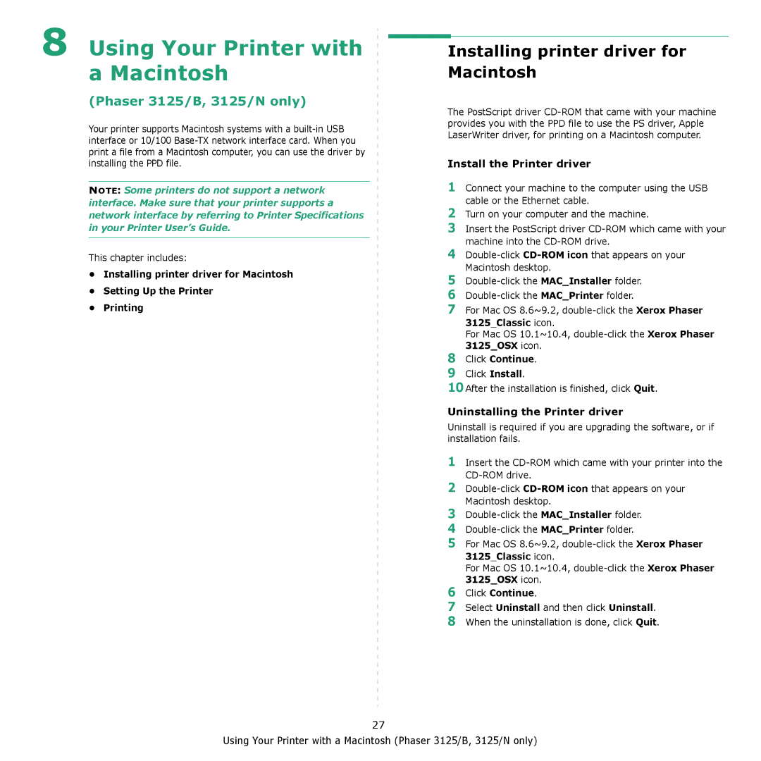 Xerox 3124 manual Using Your Printer with a Macintosh, Installing printer driver for Macintosh, Install the Printer driver 