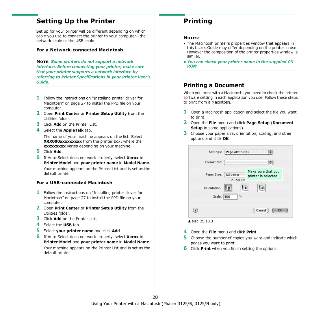 Xerox 3124 manual Setting Up the Printer, Printing a Document, For a Network-connected Macintosh 