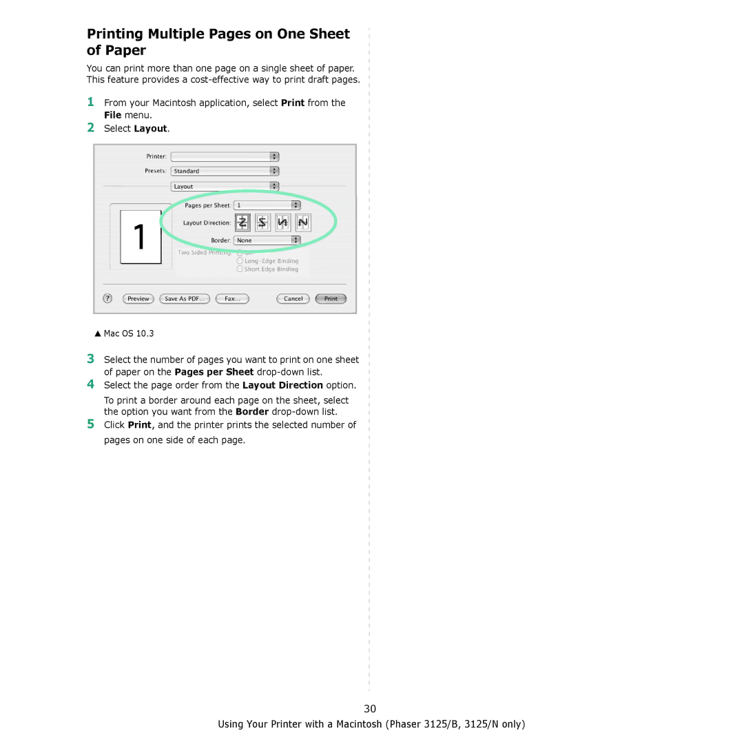 Xerox 3124 manual Printing Multiple Pages on One Sheet of Paper, Select the page order from the Layout Direction option 