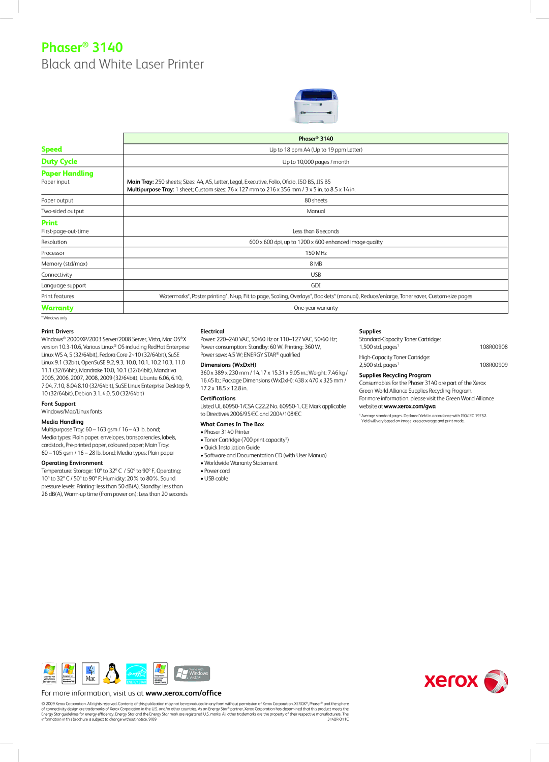 Xerox 3140 manual Speed, Duty Cycle, Paper Handling, Print, Warranty 