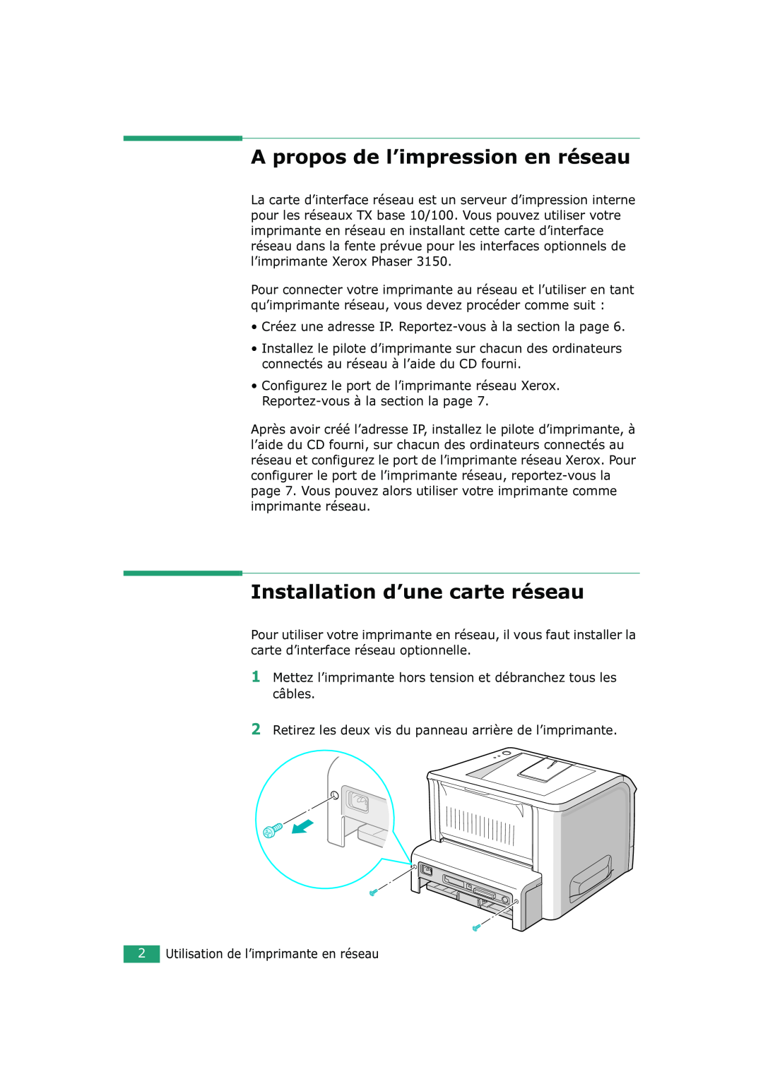 Xerox 3150 manual A propos de l’impression en réseau, Installation d’une carte réseau 