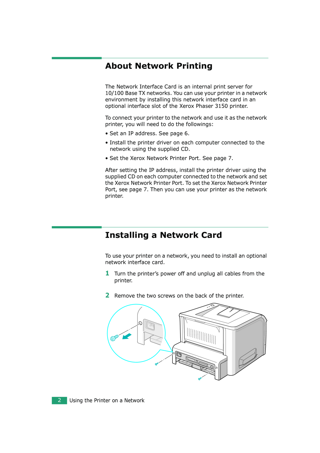 Xerox 3150 manual About Network Printing, Installing a Network Card 