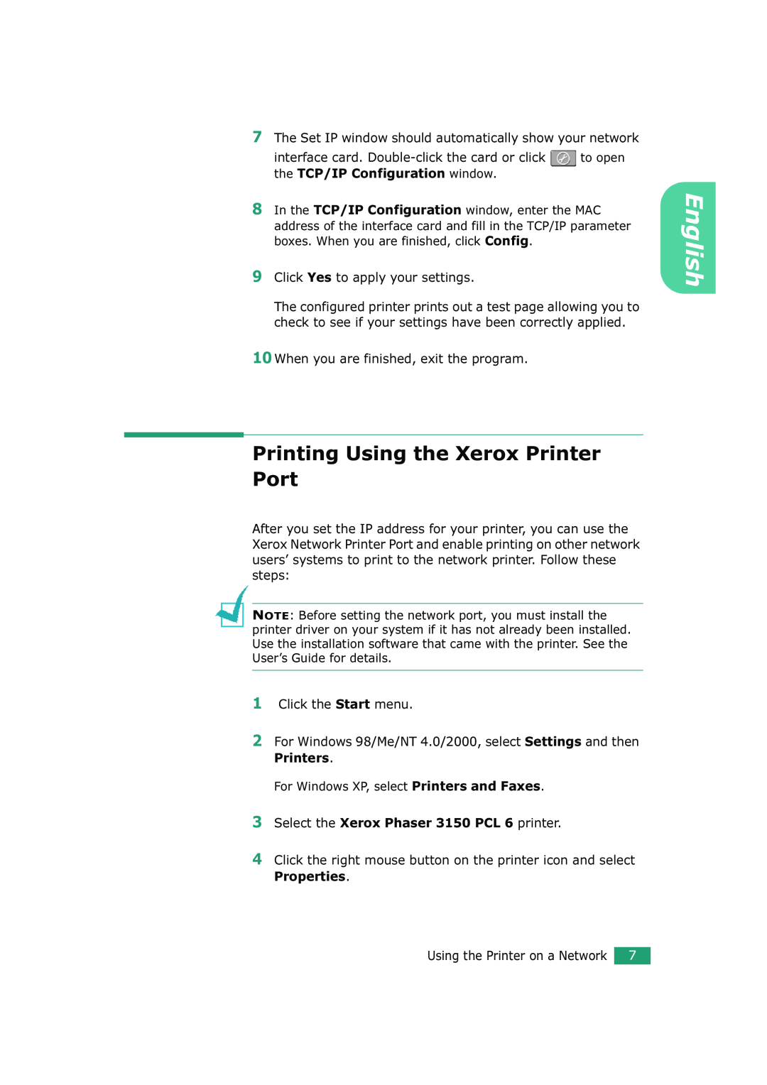 Xerox 3150 manual Printing Using the Xerox Printer Port, English 