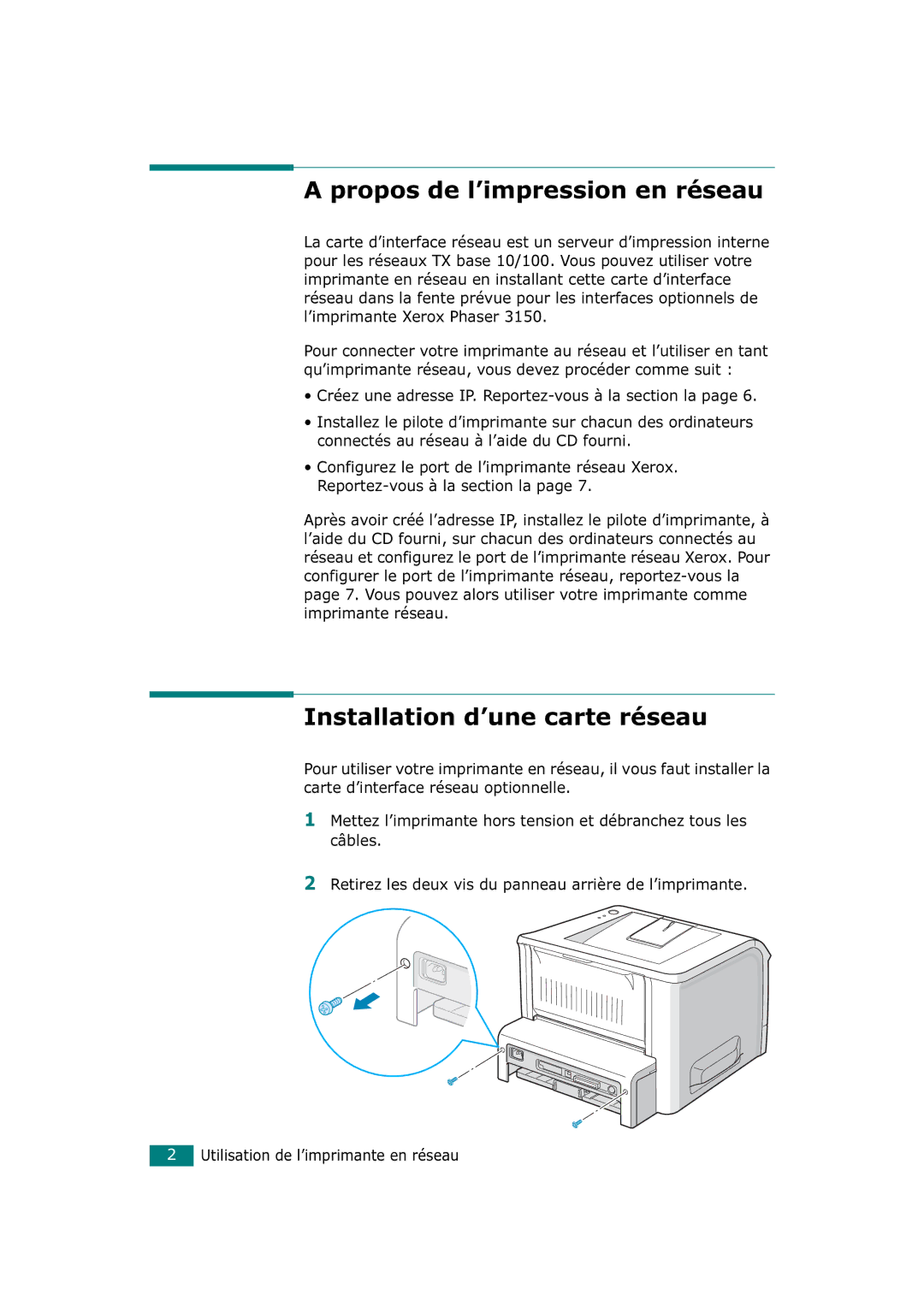 Xerox 3150 manual Propos de l’impression en réseau, Installation d’une carte réseau 